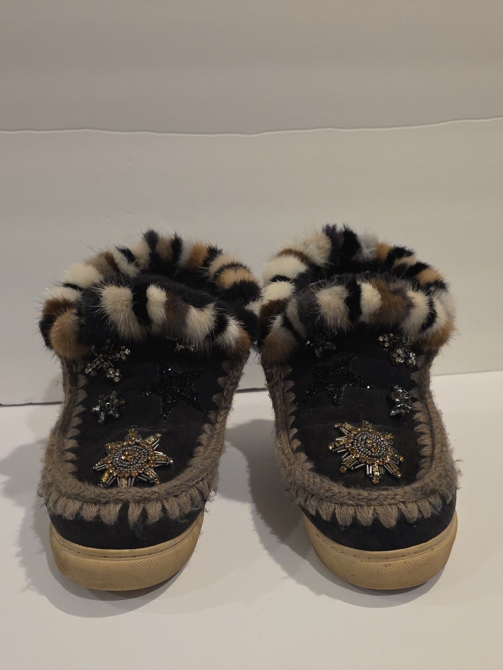 Mou Mou Fur Trim Embellished Women's Slip-On Shoes in Black Brown Grey Size 37